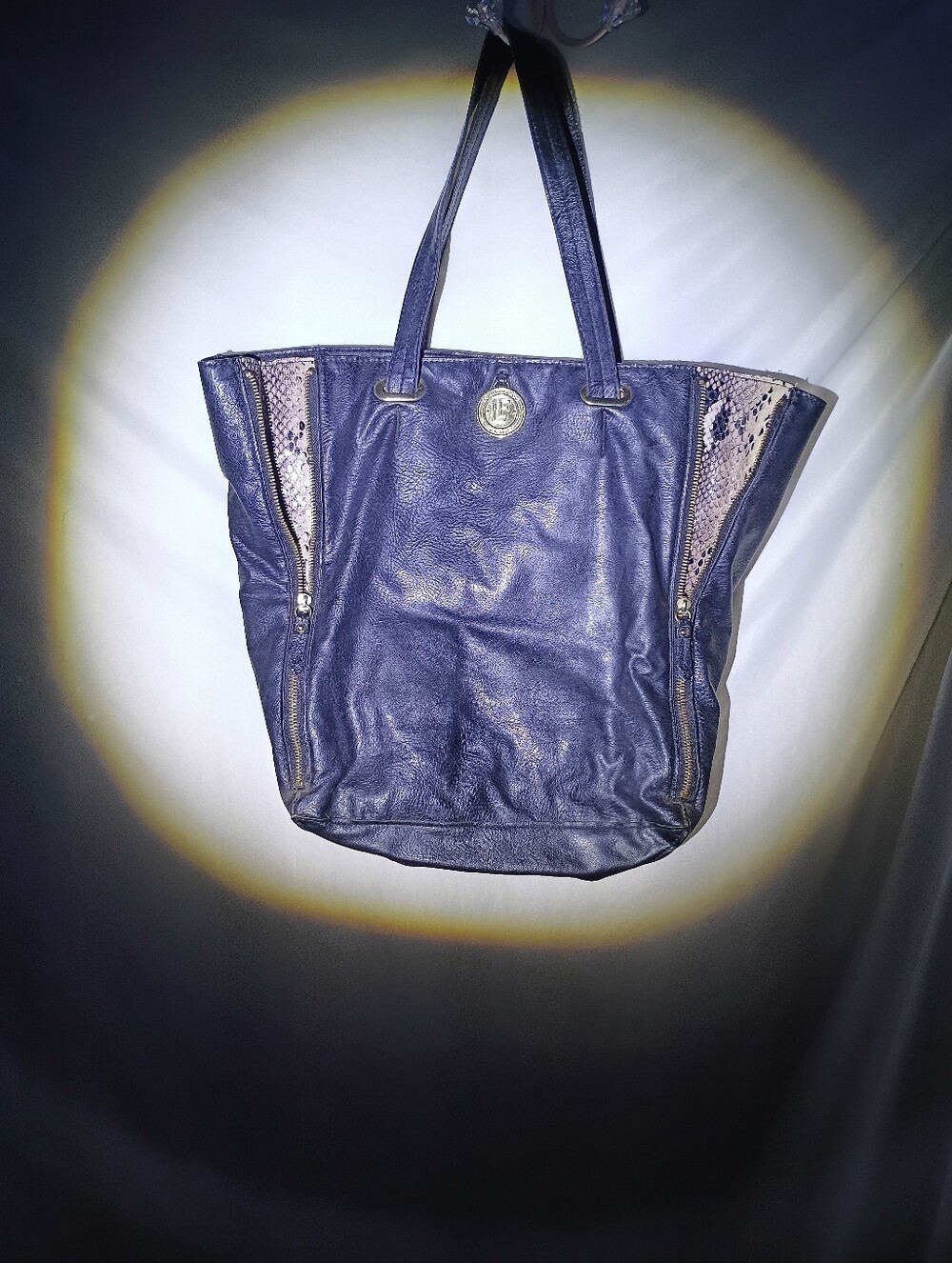 London Fog Navy Blue Leather and Snakeskin Expandable Side Panel Tote Bag Purse